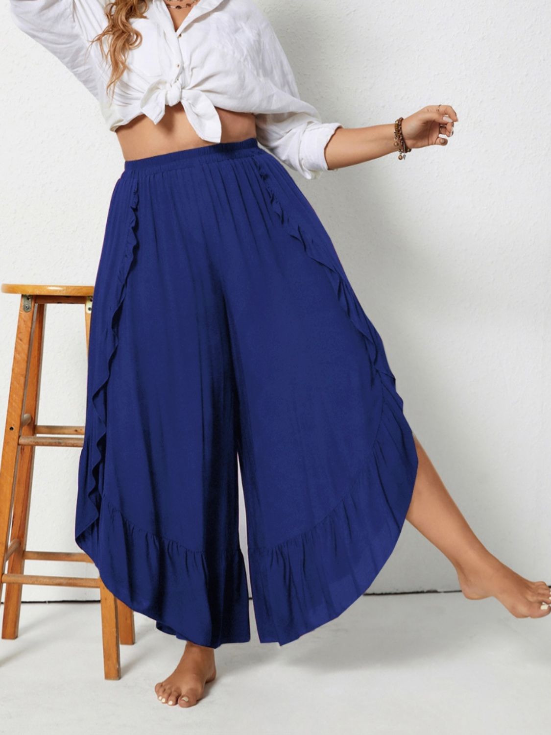 Lace Insert Ruffle Wide Leg Pants