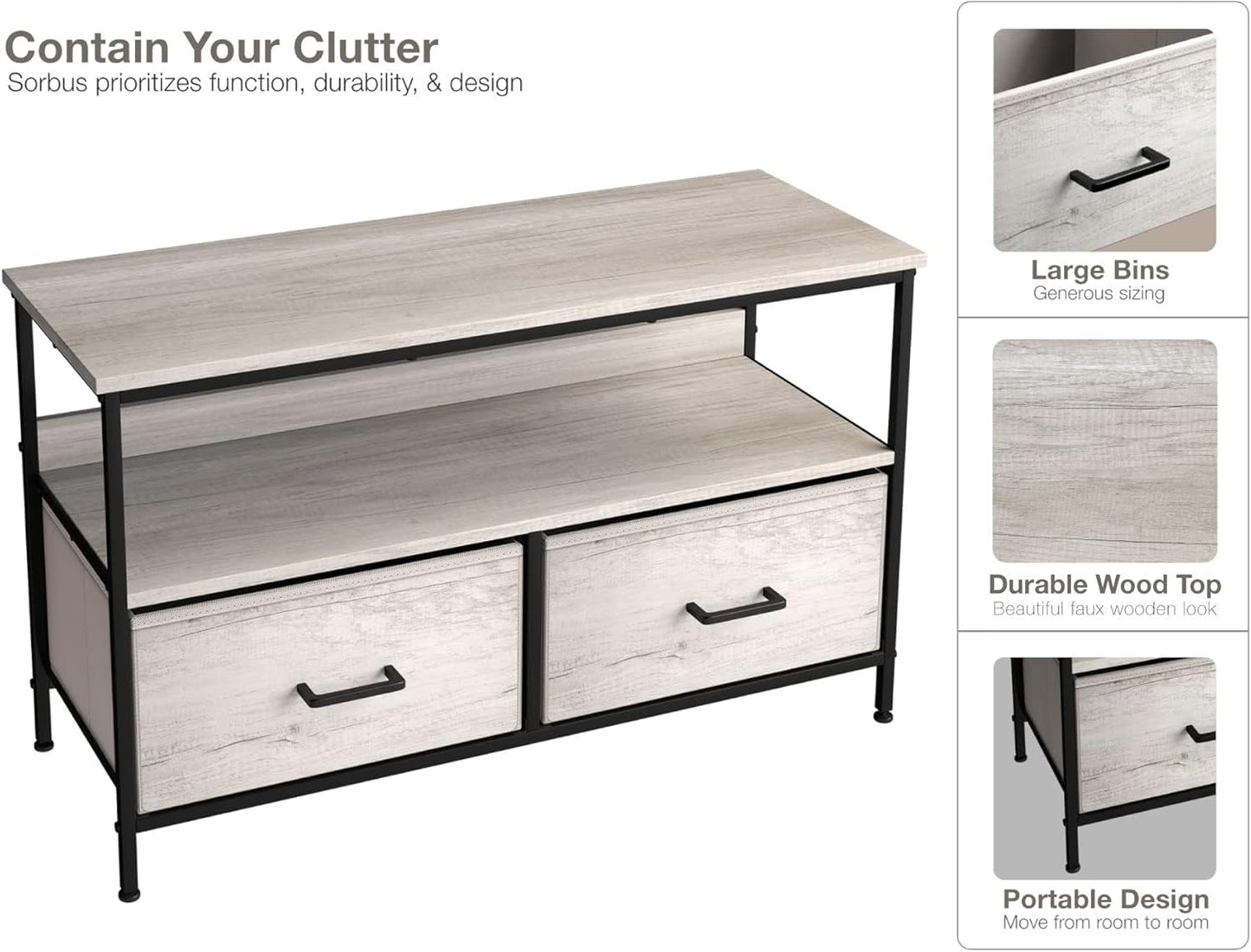TV Stand Dresser with 2 Drawers - Television Riser Chest with Storage