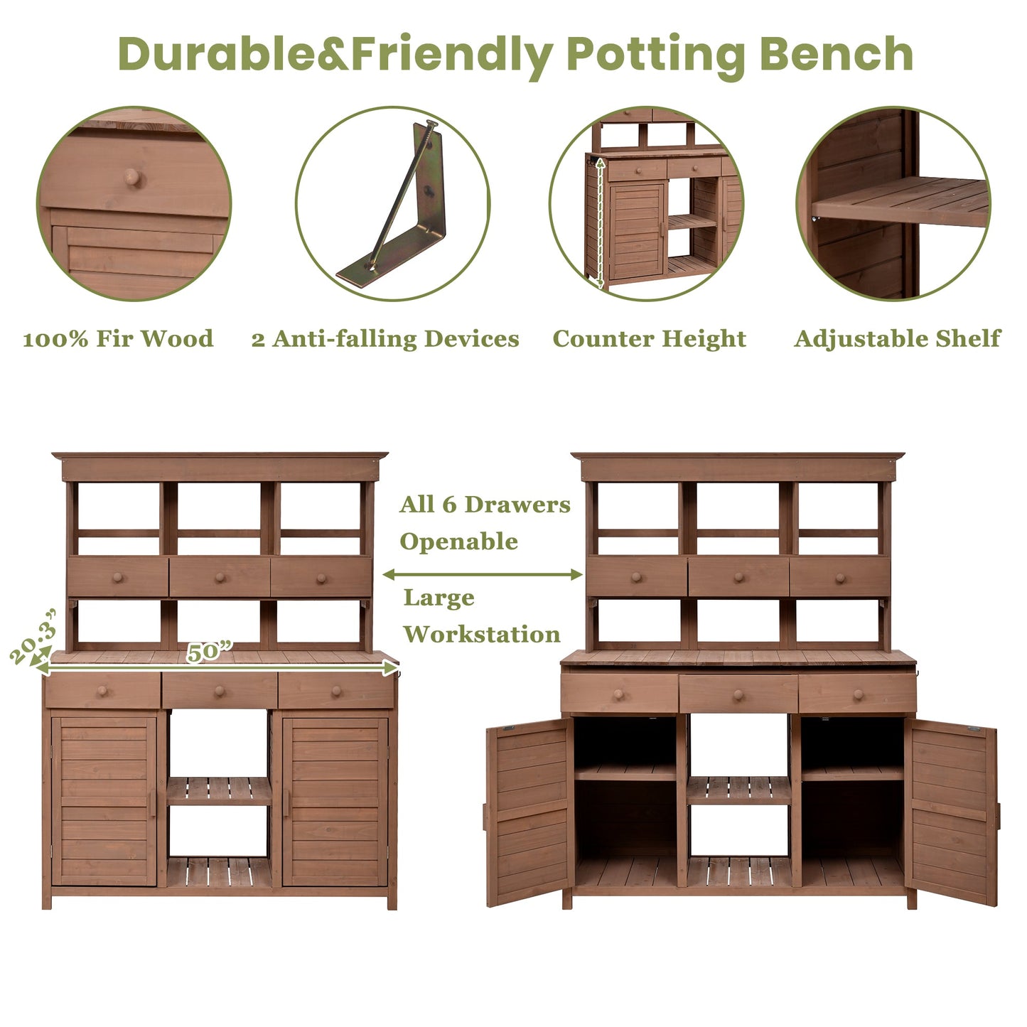 65.7'' H Tall Garden Potting Bench Table with Hutch,Patio Storage
