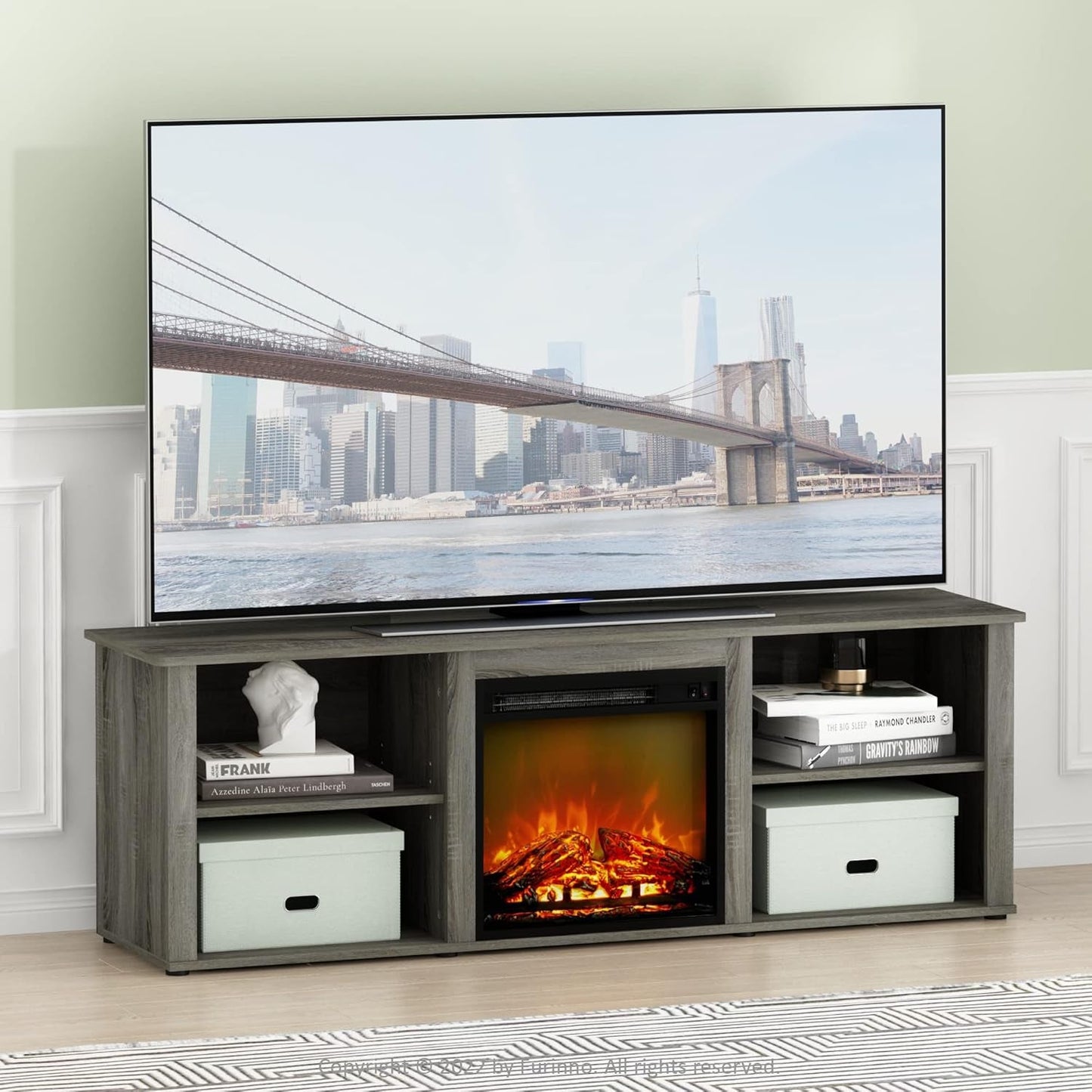 Classic 70 Inch TV Stand with Fireplace, French Oak Grey