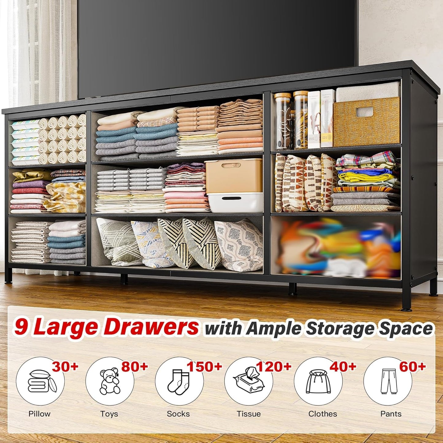 Dresser, Dresser for Bedroom with 9 Drawers, Wide Dresser TV Stand for