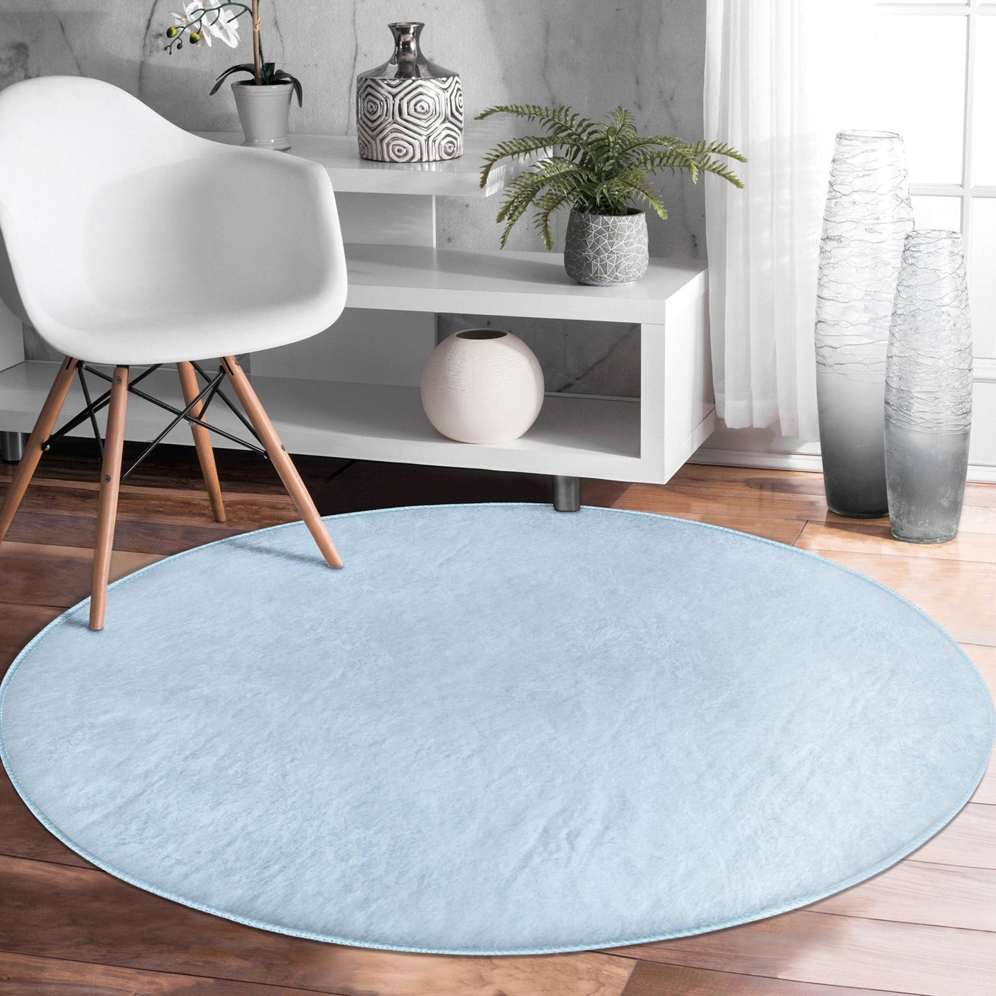 Blue Decorative Round Rug, Living Room Circle Carpet, Non Slip
