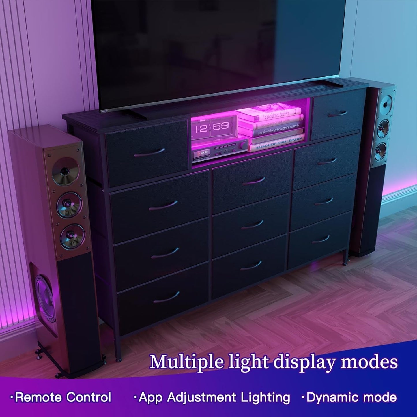Long Dresser with Charging Station and LED Lights