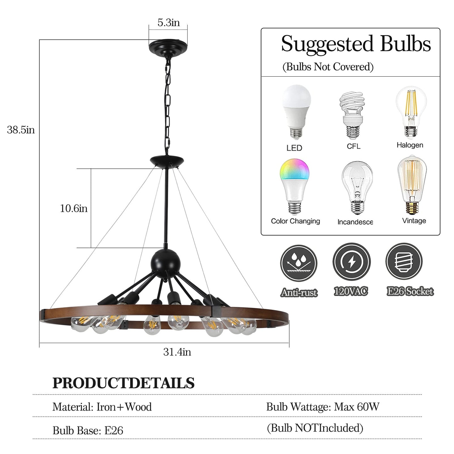 8-Light Retro Farmhouse Chandelier For Kitchen, Living room, Dining