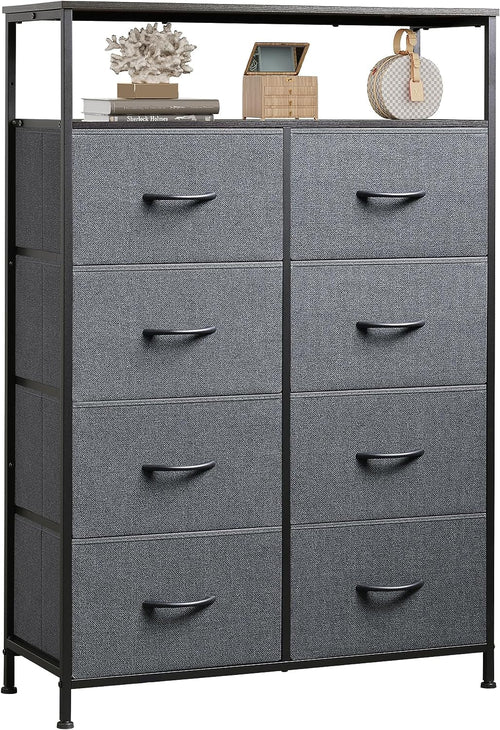 Charcoal Gray Fabric Dresser with Open Shelves and Drawers