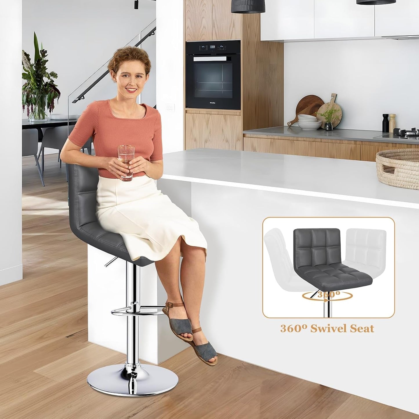 Bar Stools Set of 2, Armless Adjustable Swivel Barstools with Back,