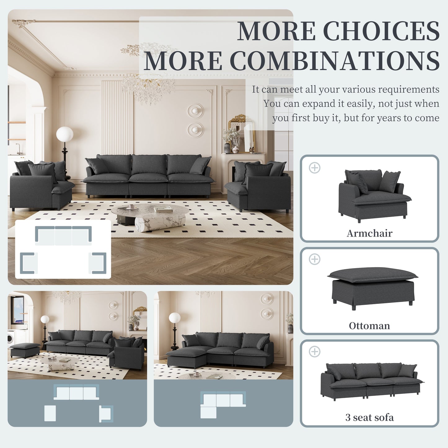 3 Piece Living Room Sofa Set,Modular Chenille Sectional