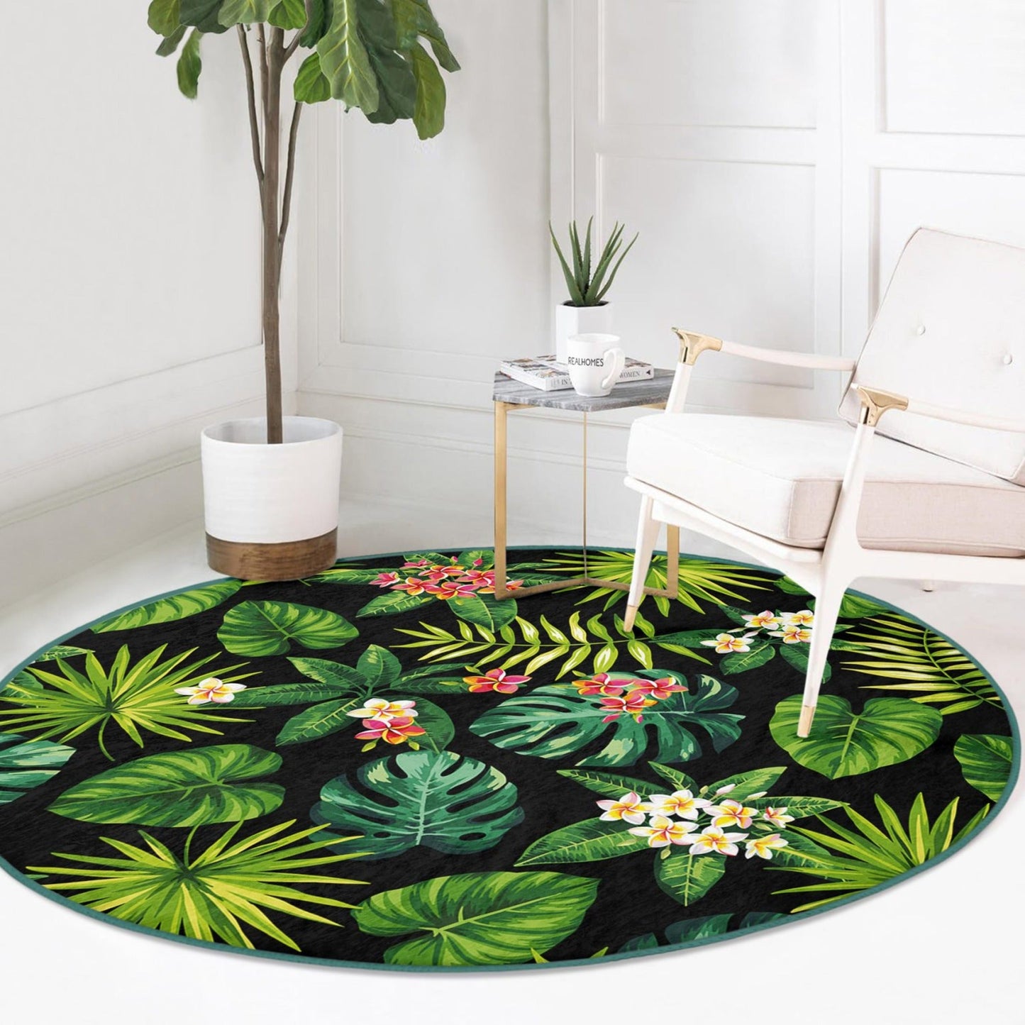 Green Floral Round Rug, Floral Patterned Decorative Circle Carpet, Non