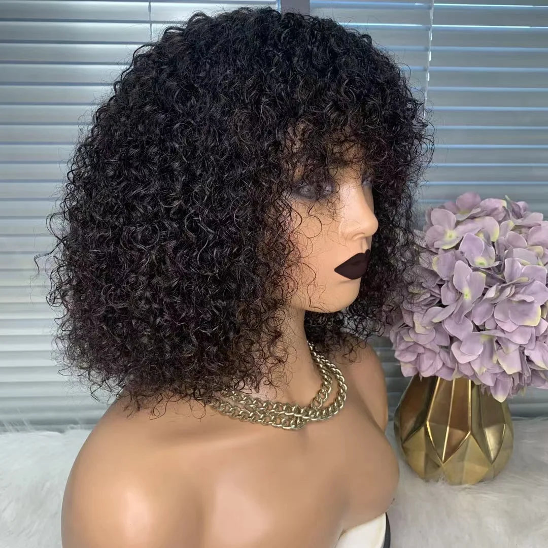 Jerry Curly Bob Cut 100% Human Hair Wigs with Bangs Adjustable Non