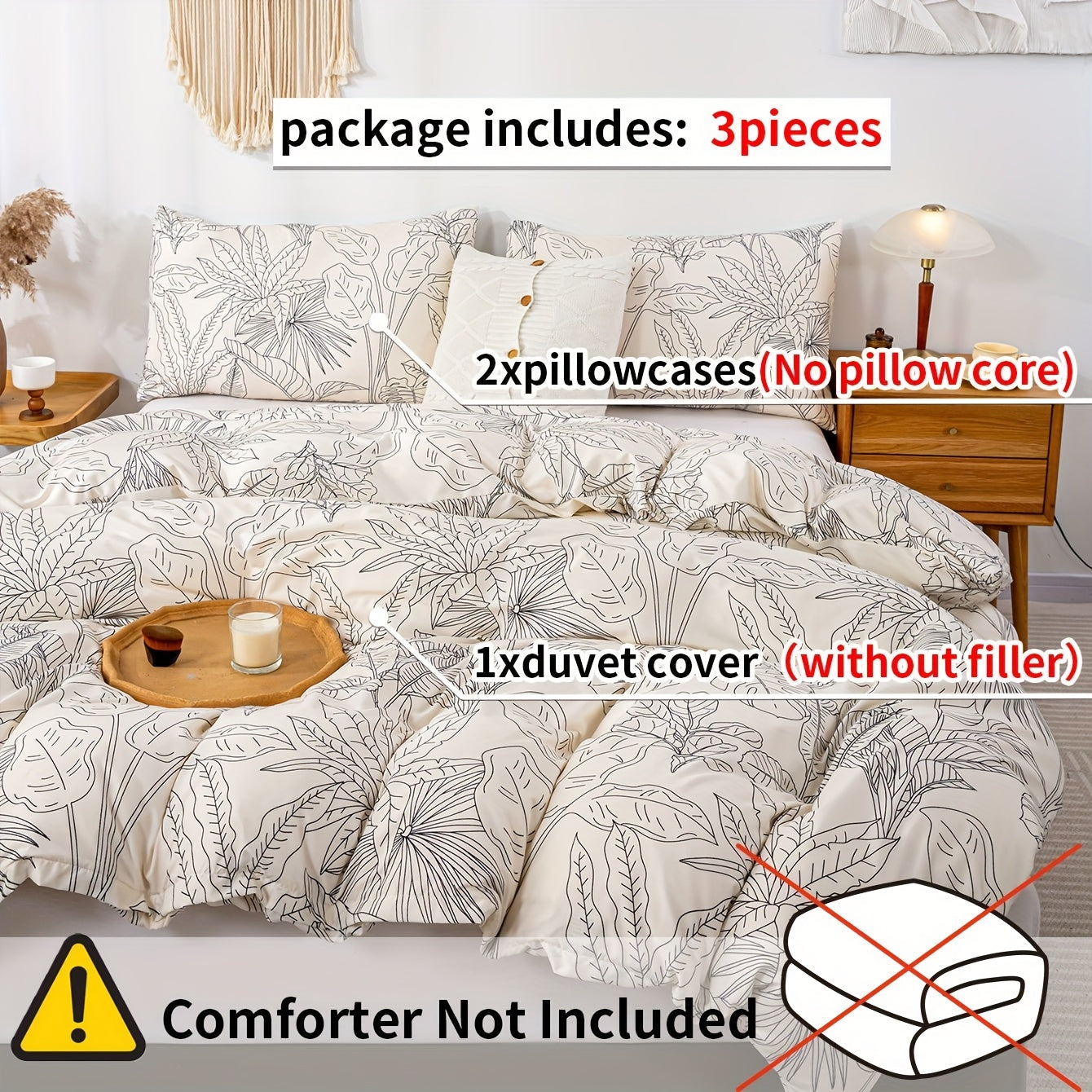 Elegant Leaf Print 3Piece Duvet Cover Set