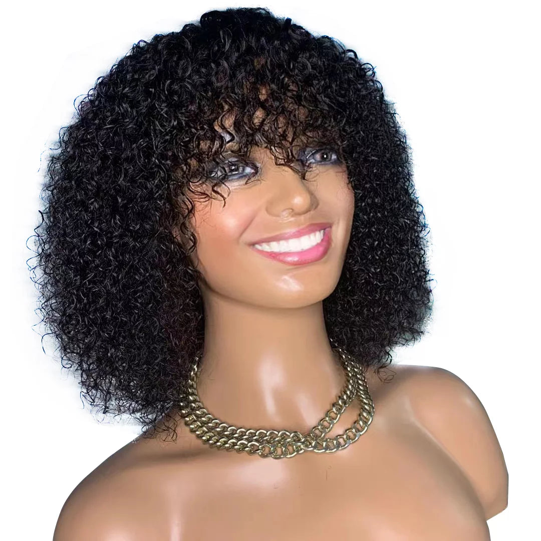 Jerry Curly Bob Cut 100% Human Hair Wigs with Bangs Adjustable Non