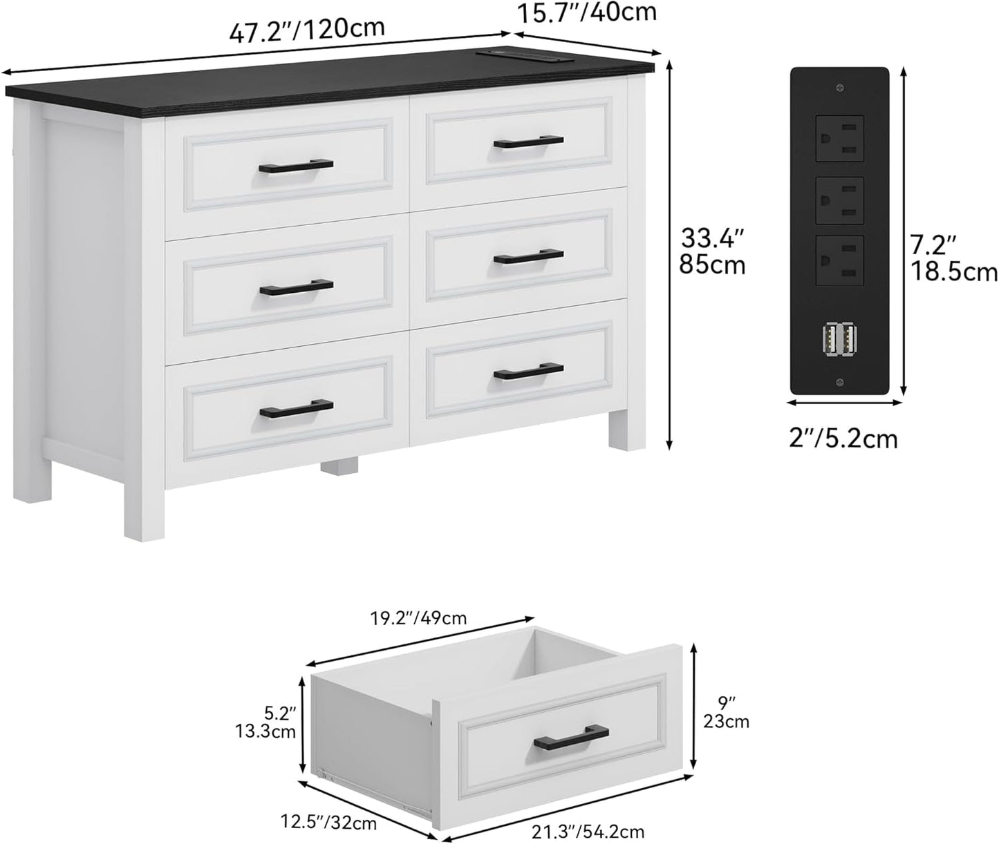 6-Drawer Dresser with Built-In Power Outlet, Wood Dresser TV Stand