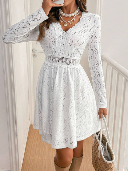 Lace Detail V-Neck Long Sleeve Mini Dress – Elegant & Comfortable