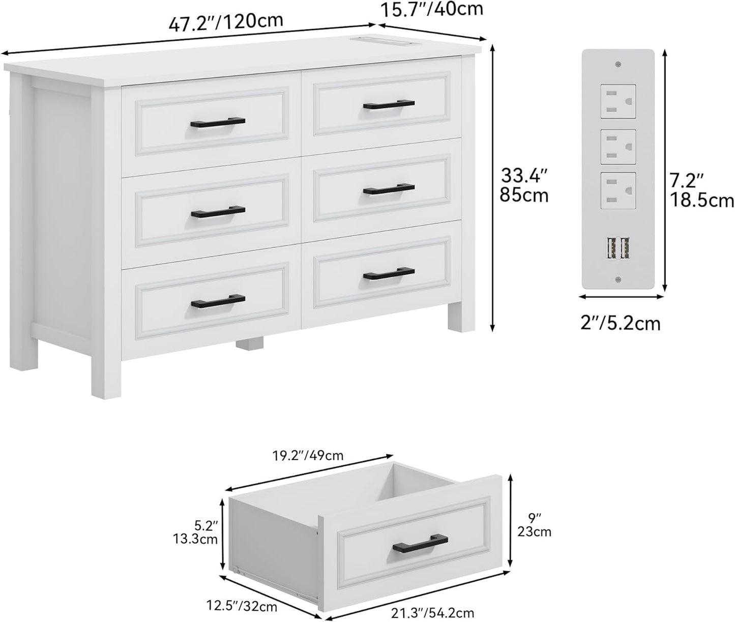 6-Drawer Dresser with Built-In Power Outlet, Wood Dresser TV Stand
