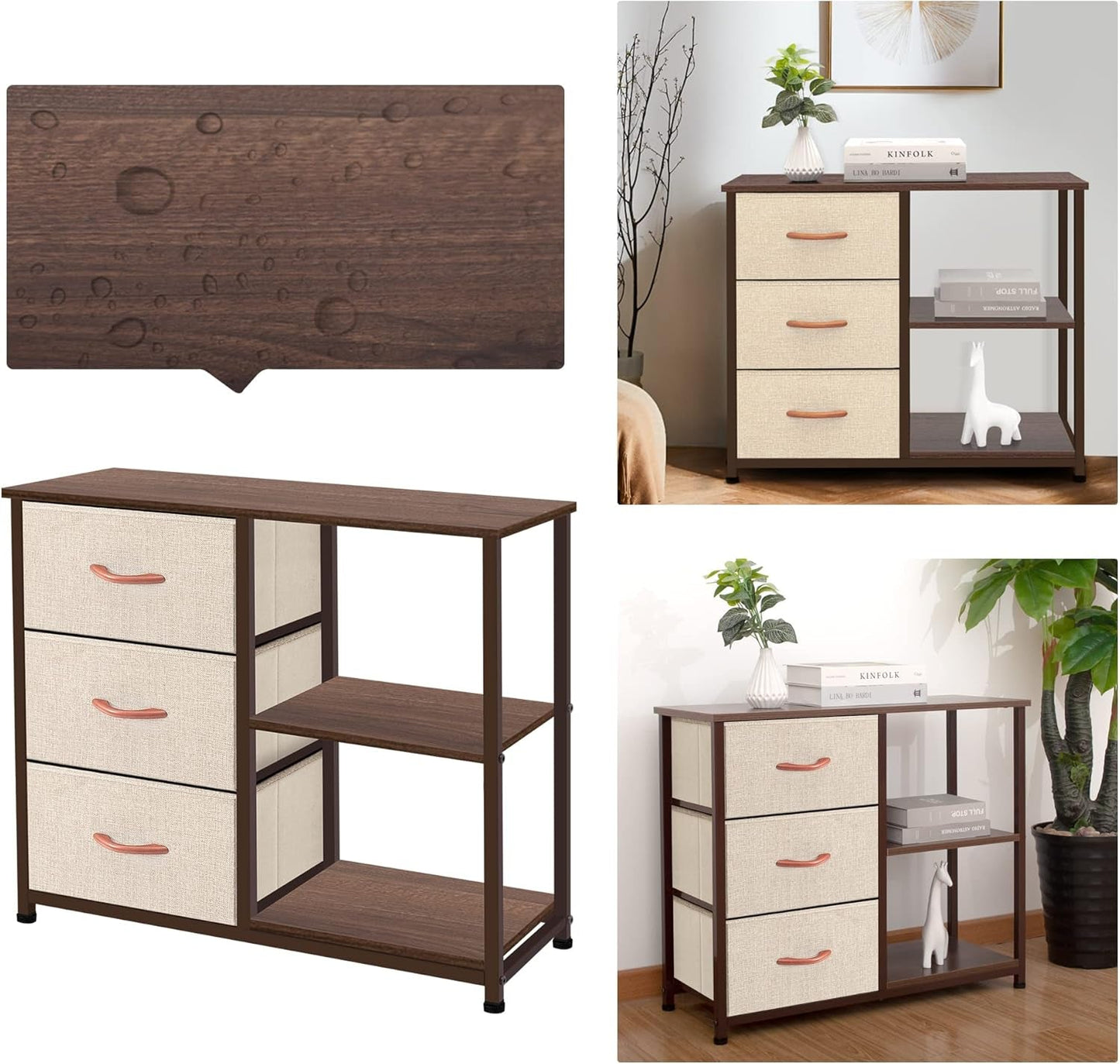 Rustic Brown Fabric Dresser, 4 Drawer Organizer Unit with 2 Shelves,