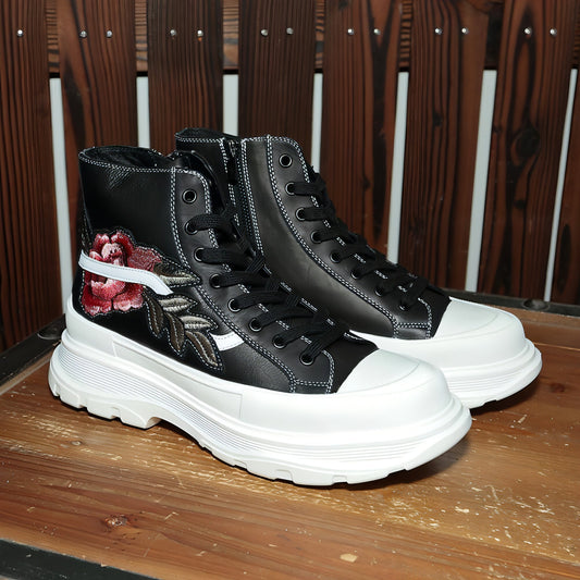 Personalized Embroidered High-top Shoes Men's Leather Zipper Lace