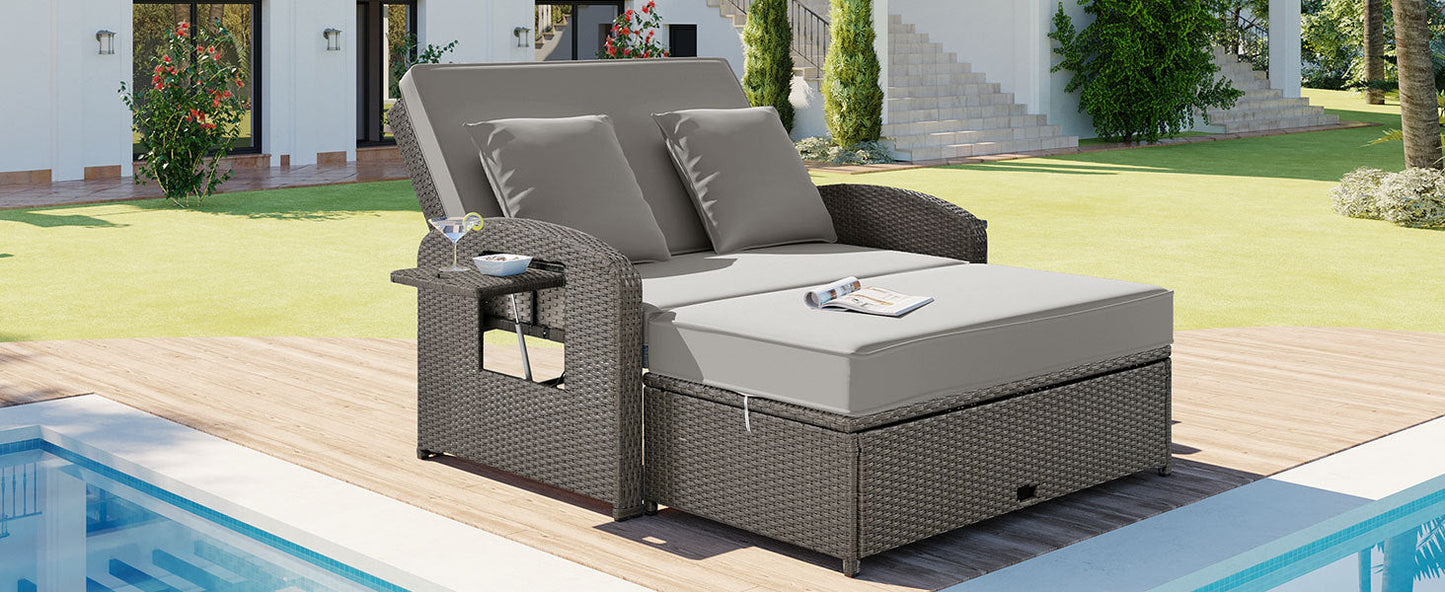 PE Wicker Rattan Double Chaise Lounge, 2-Person Reclining Daybed with