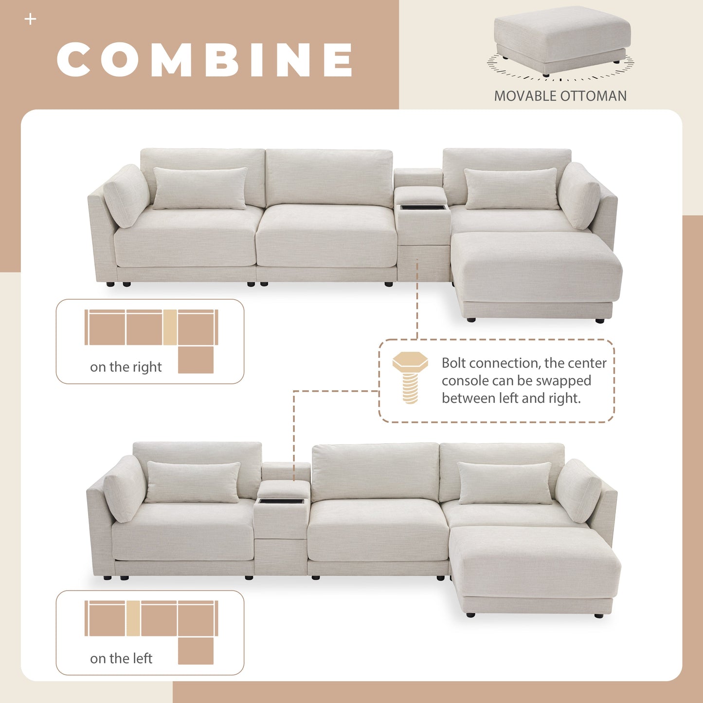 124'' Modular Sectional Sofa with Storage Console and Movable