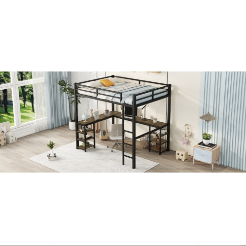 Full Metal Loft Bed With Desk And Shelves, Loft Bed With Ladder And