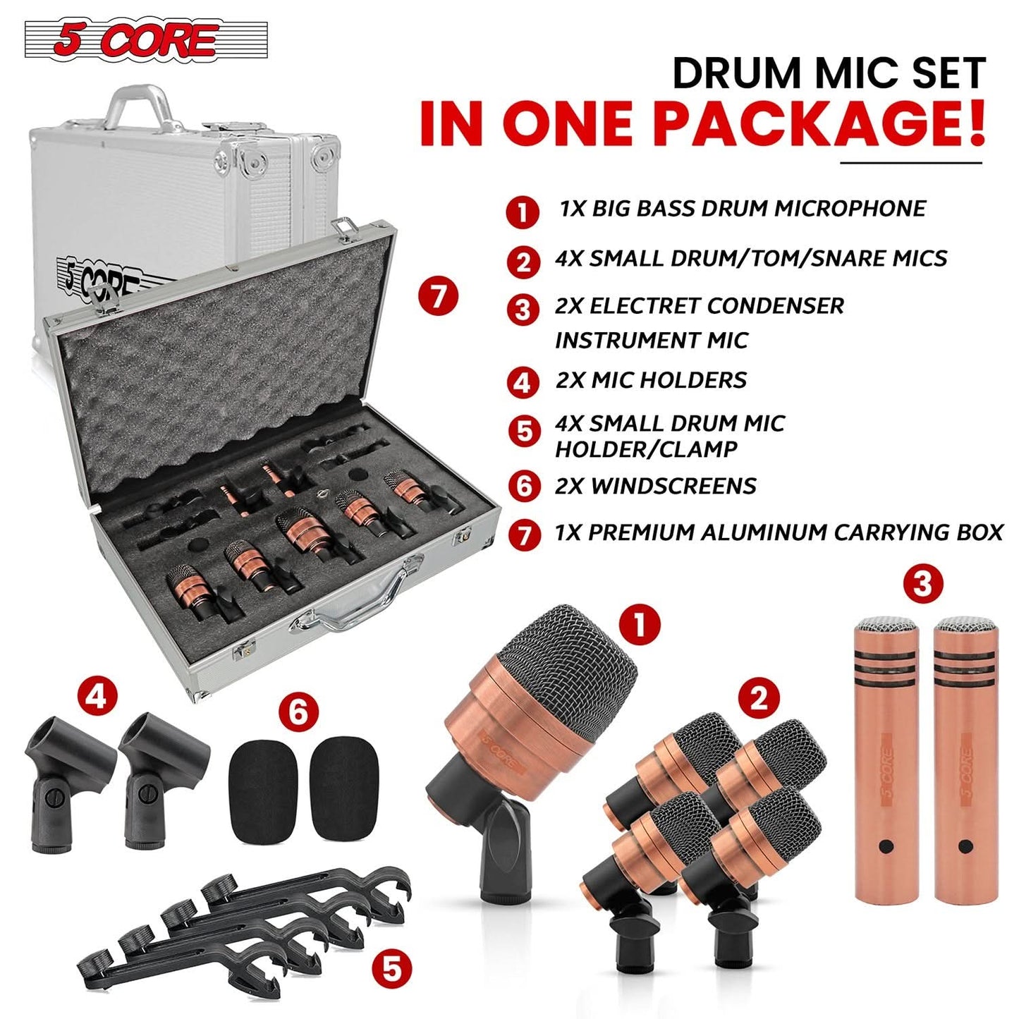 5Core Drum Mic Kit 7 Pcs Kick Bass Tom Snare Dynamic Microphone