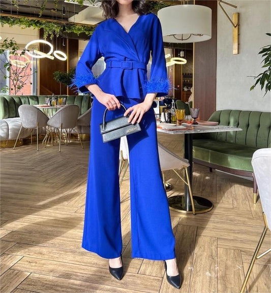 Women Loose Elegant V neck Long Sleeve Shirt High Waist Pocket Wide