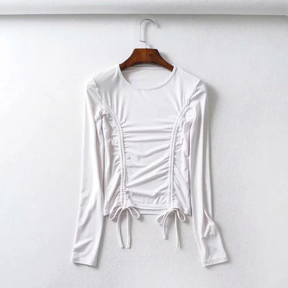 Drawstring Ruched Sexy White Long Sleeve Crop Top - Walbiz.com