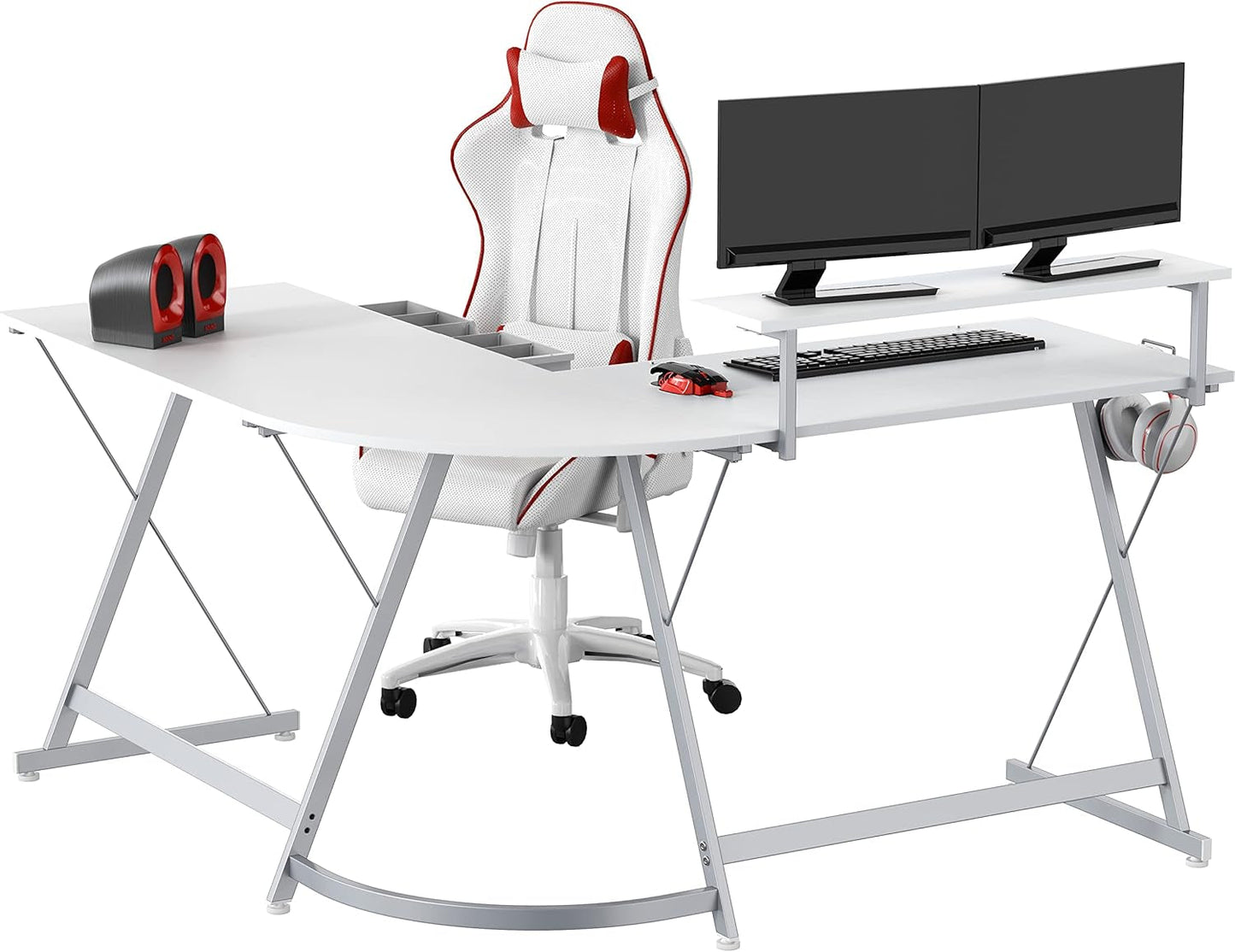 Vista L-Shape Desk with Monitor Stand, White
