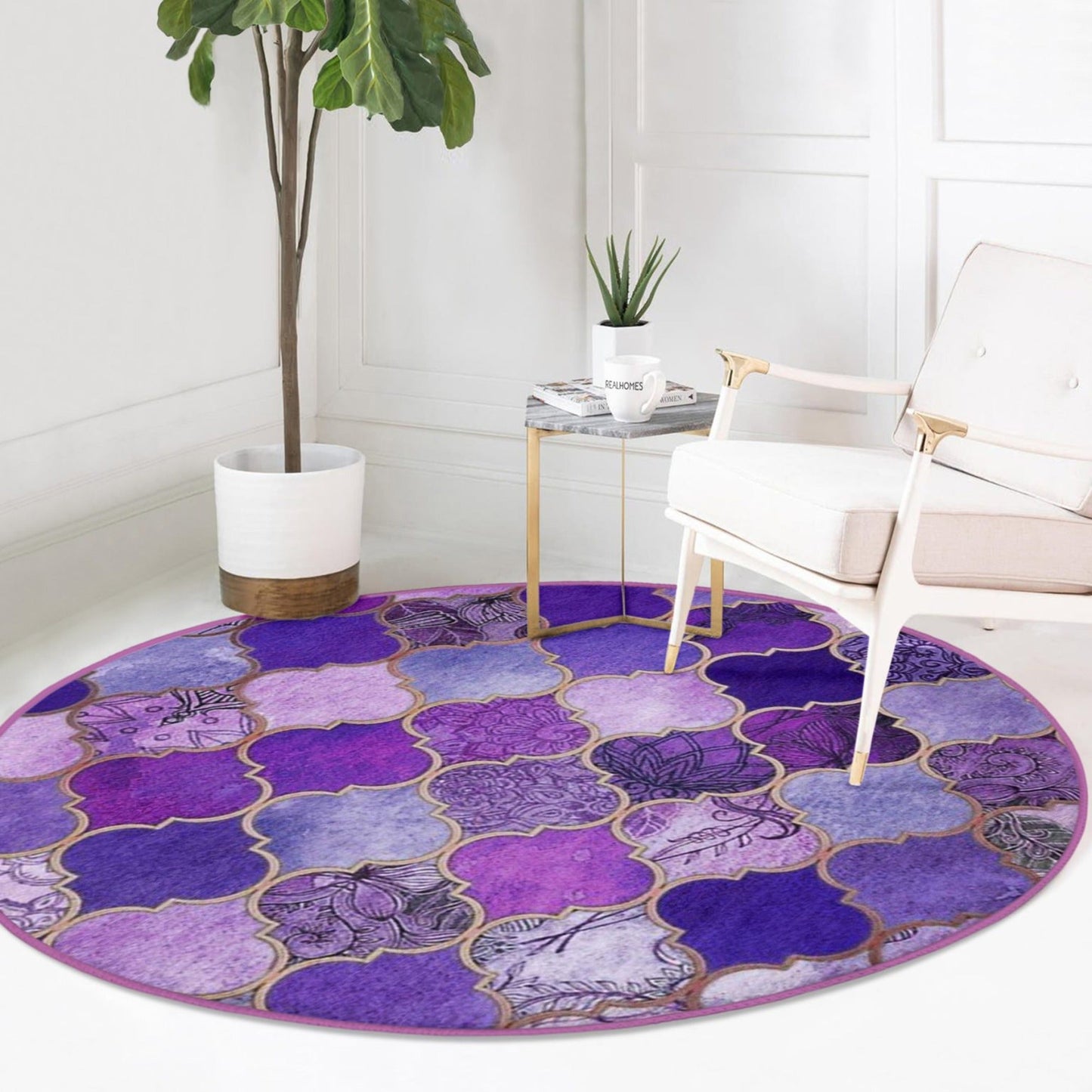 Purple Decorative Round Rug, Purple Living Room Area Carpet, Non Slip