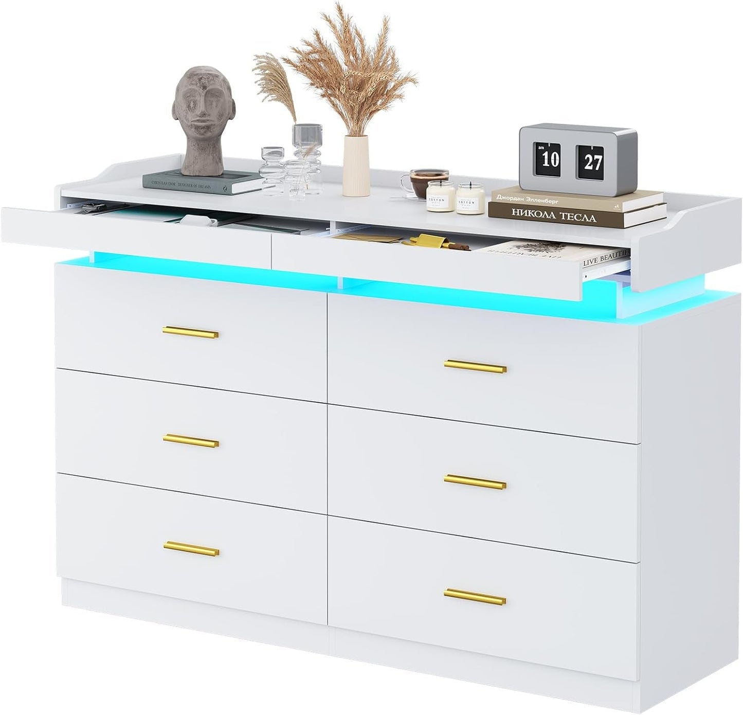 LED Dresser with 2 Pull-Out Tray, 6 Drawer Dresser, 47.2" Long Wide