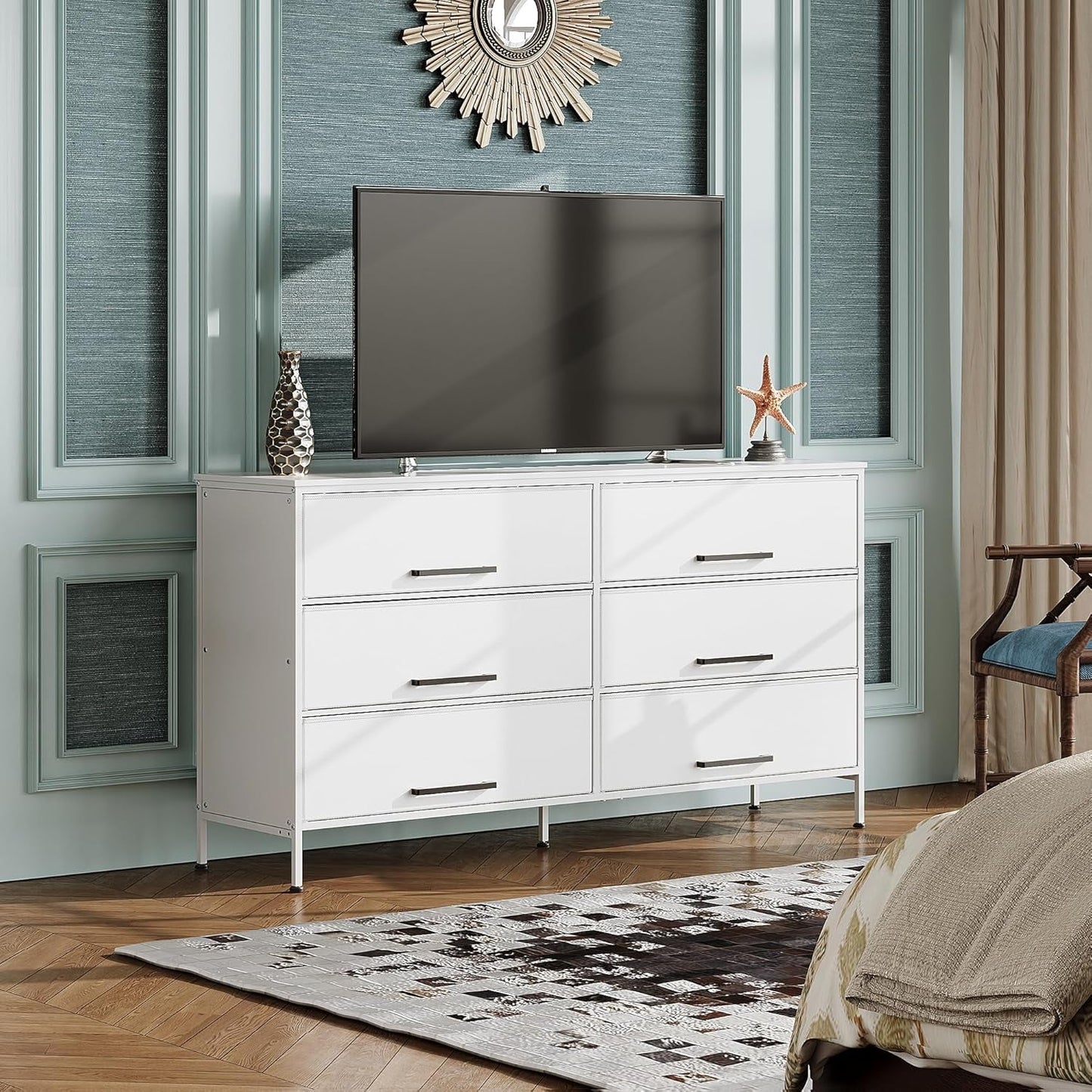Wide Fabric Dresser, 6 Drawer Dresser TV Stand for 68" TV, Dressers
