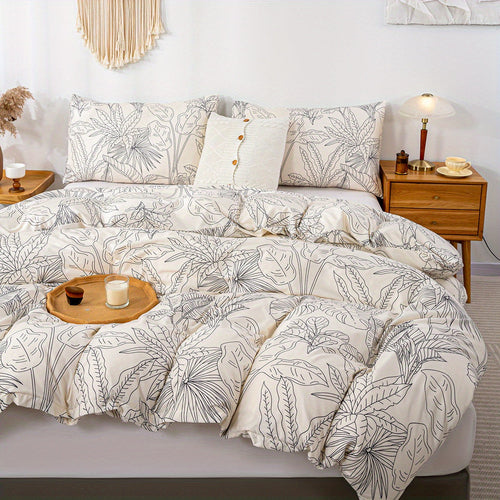 Elegant Leaf Print 3Piece Duvet Cover Set