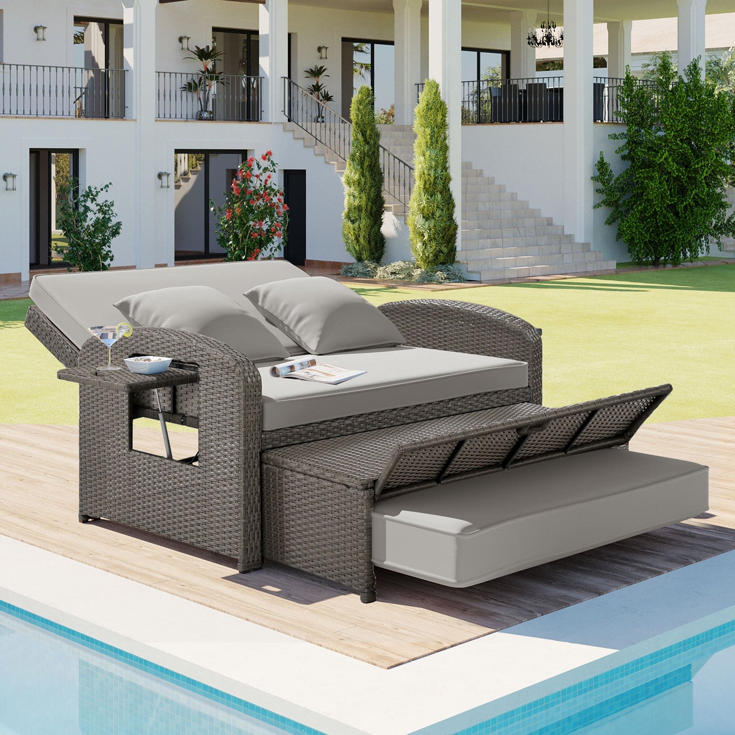 PE Wicker Rattan Double Chaise Lounge, 2-Person Reclining Daybed with