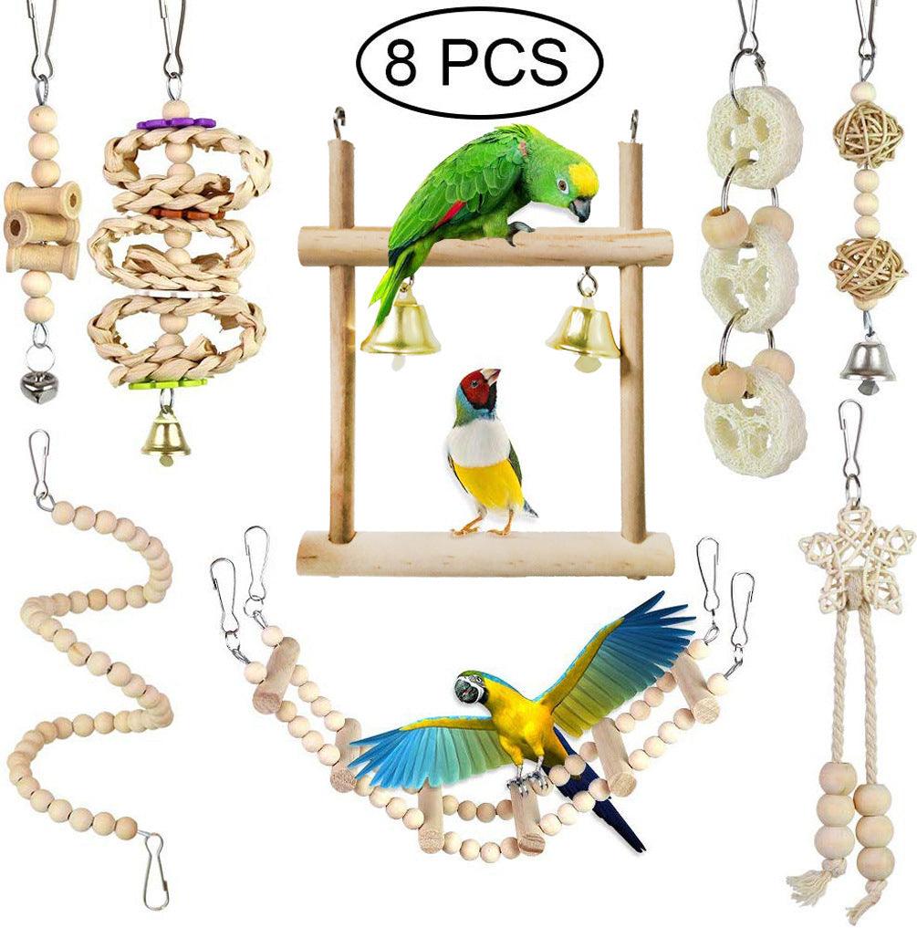 Wooden Parrot Chewing Toy Set - 8-Piece Bird Toy Log Swing Collection