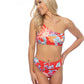 RED TROPICAL RING ACCENT ONE SHOULDER BIKINI SET