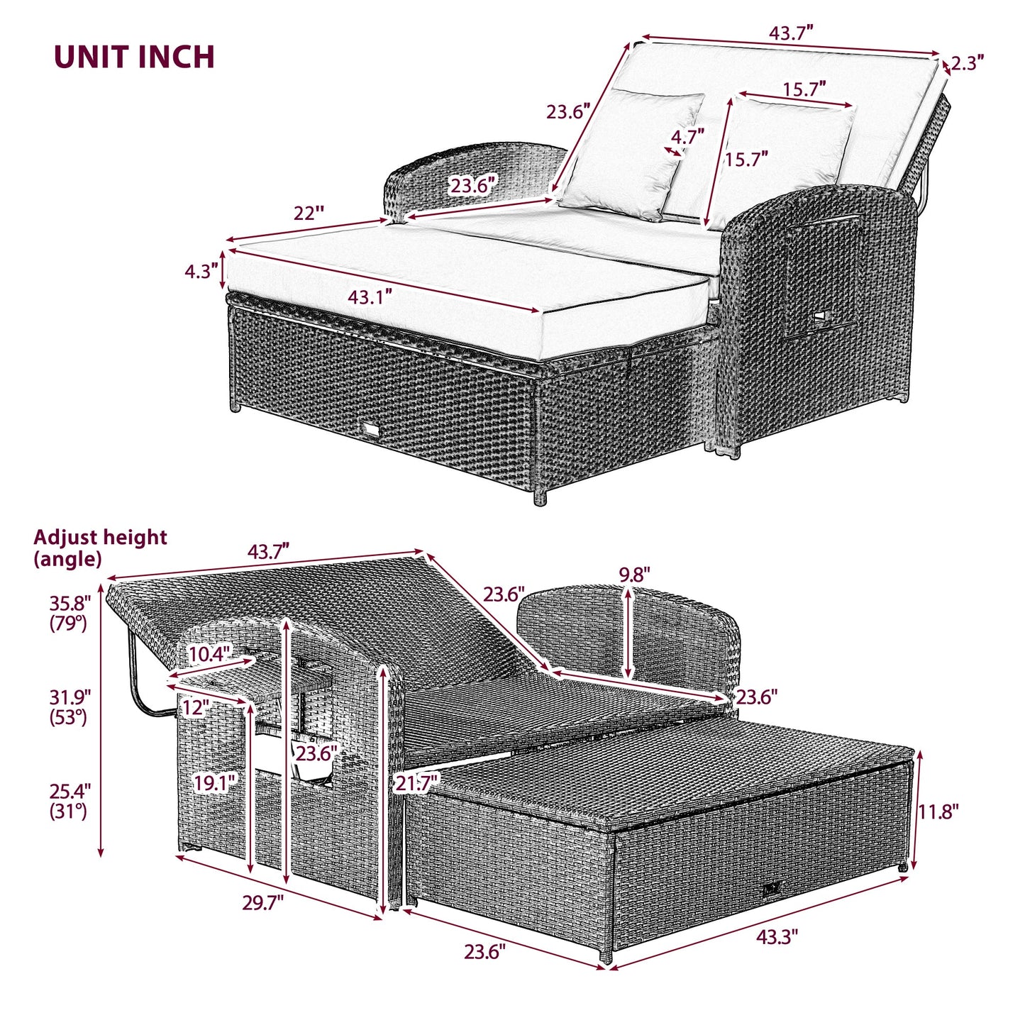 PE Wicker Rattan Double Chaise Lounge, 2-Person Reclining Daybed with