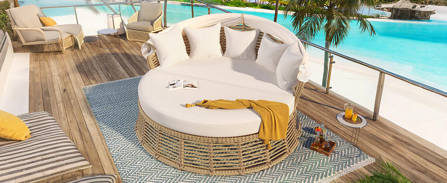 Outdoor Patio Rattan Round Daybed with Retractable Canopy, Wicker