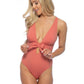SOLID HALTER BOW TIE FRONT ONE PIECE SWIMSUIT