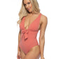 SOLID HALTER BOW TIE FRONT ONE PIECE SWIMSUIT