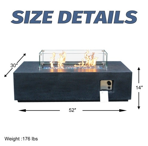 52 Inch Outdoor Concrete Propane Gas Rectangle Fire Pit Table In Dark