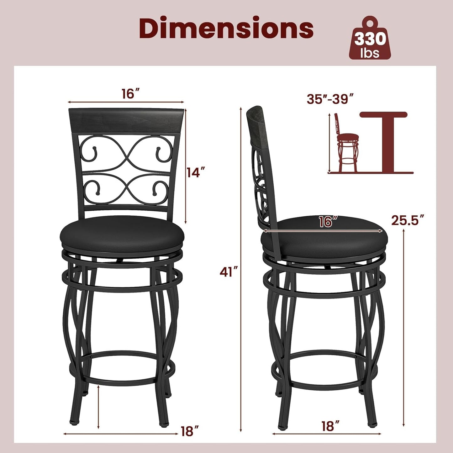 26" Swivel Bar Stools Set of 2, Counter Height Bar Stools with Back,