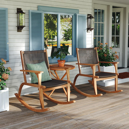 2 Pieces Patio Rocking Chair Set, Acacia Wood Outdoor Rockers with