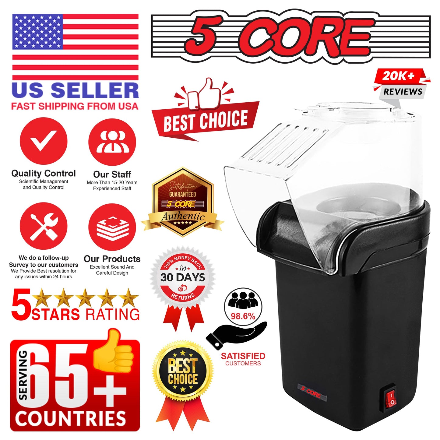 5 Core Popcorn Machine 16 Cup Hot Air Popper Mini Portable Electric