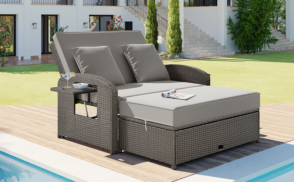 PE Wicker Rattan Double Chaise Lounge, 2-Person Reclining Daybed with