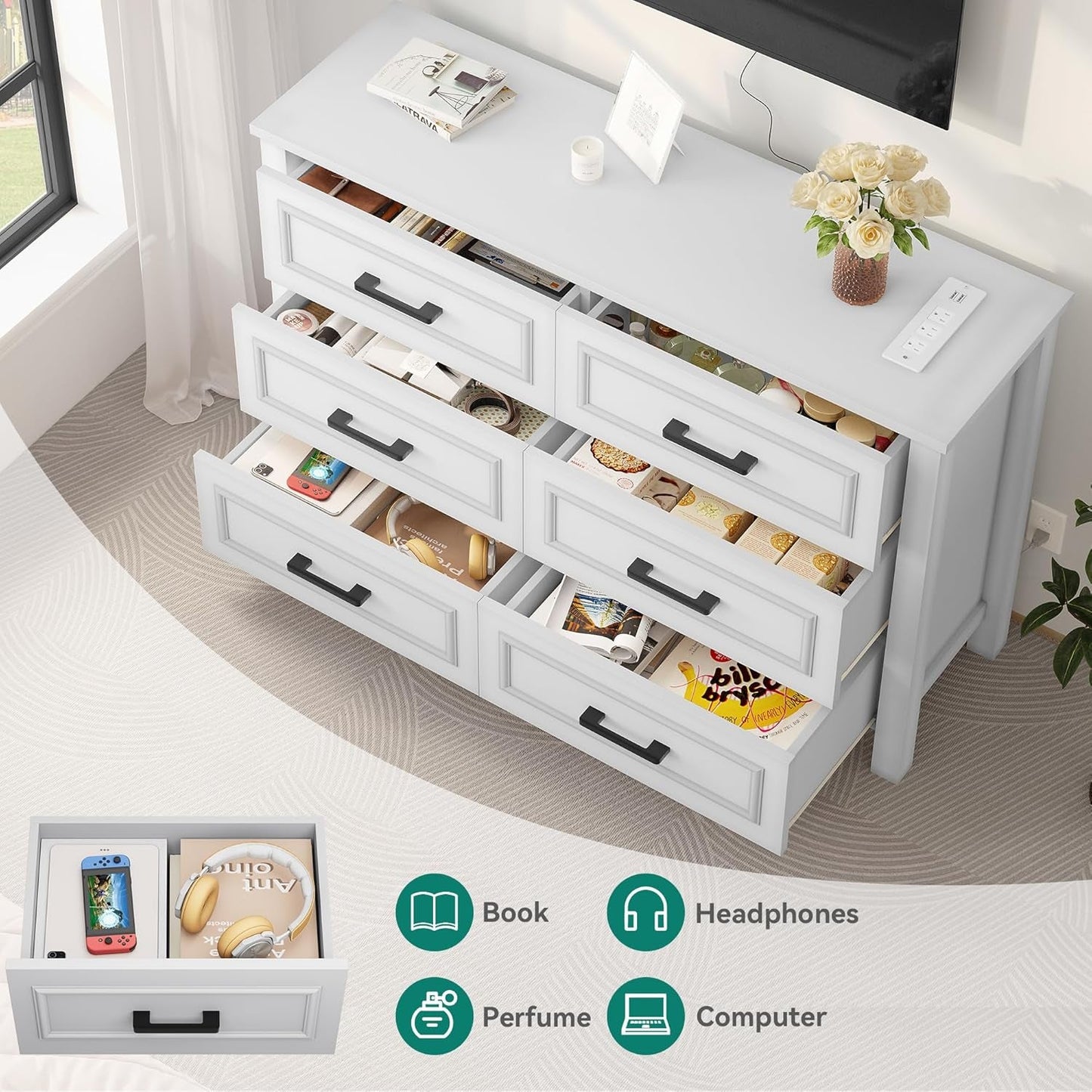 6-Drawer Dresser with Built-In Power Outlet, Wood Dresser TV Stand