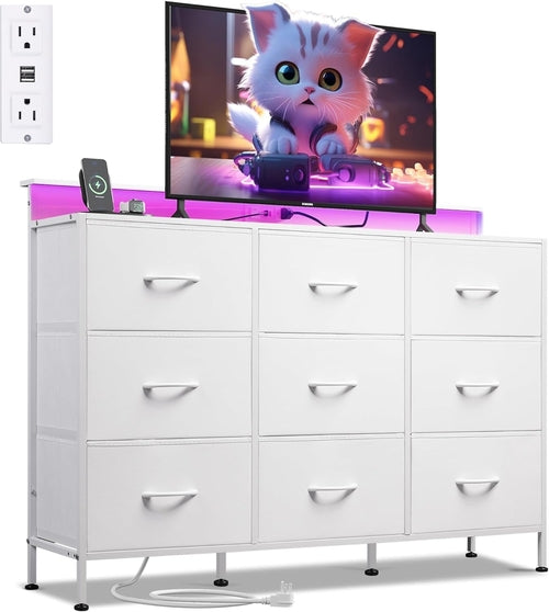 Dresser TV Stand with LED Lights and Charging Station