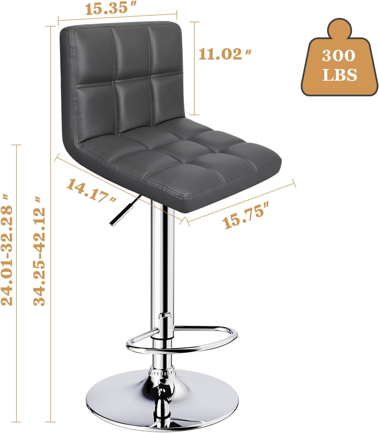 Bar Stools Set of 2, Armless Adjustable Swivel Barstools with Back,