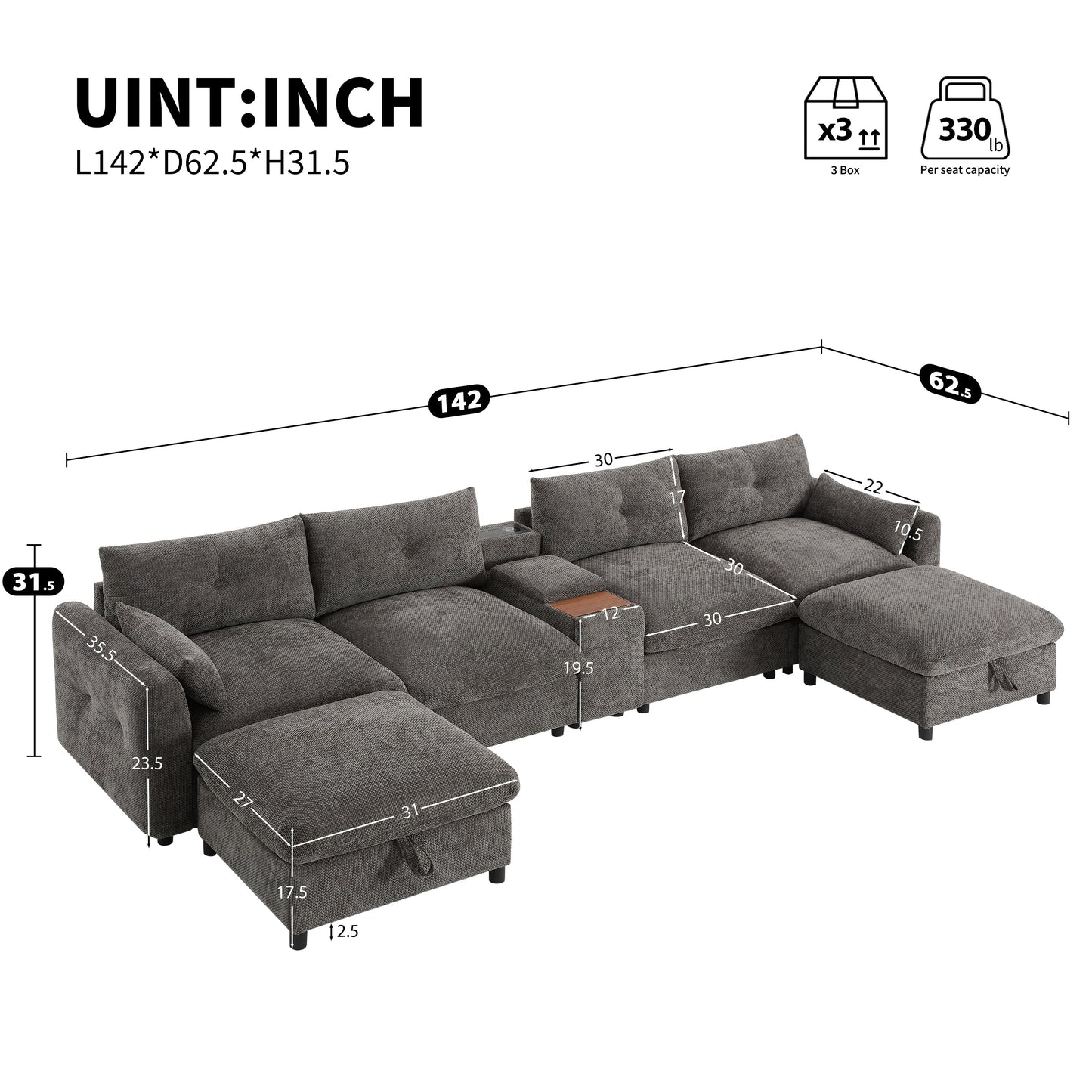 142'' Modular Sectional Sofa with Movable Storage Ottoman and