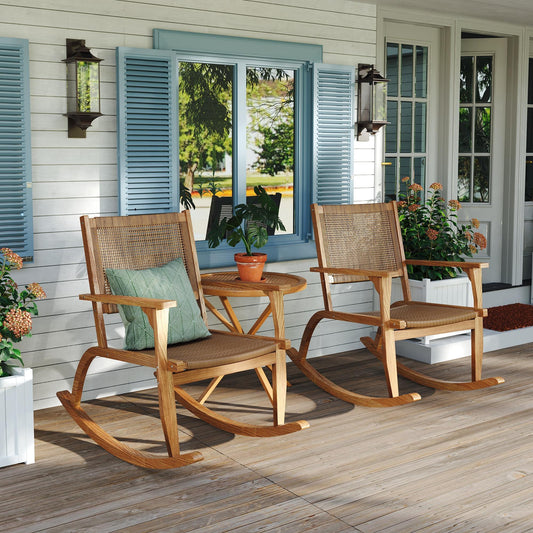 2 Pieces Patio Rocking Chair Set, Acacia Wood Outdoor Rockers with