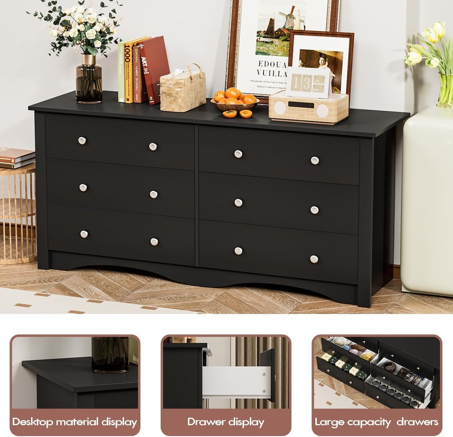 Dresser with 6 Drawer, Wood Wide Chest Storage Organizer and TV Stand