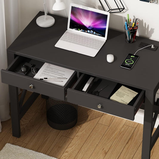 Computer Desk with USB Charging Ports and Power Outlets, 39" Black